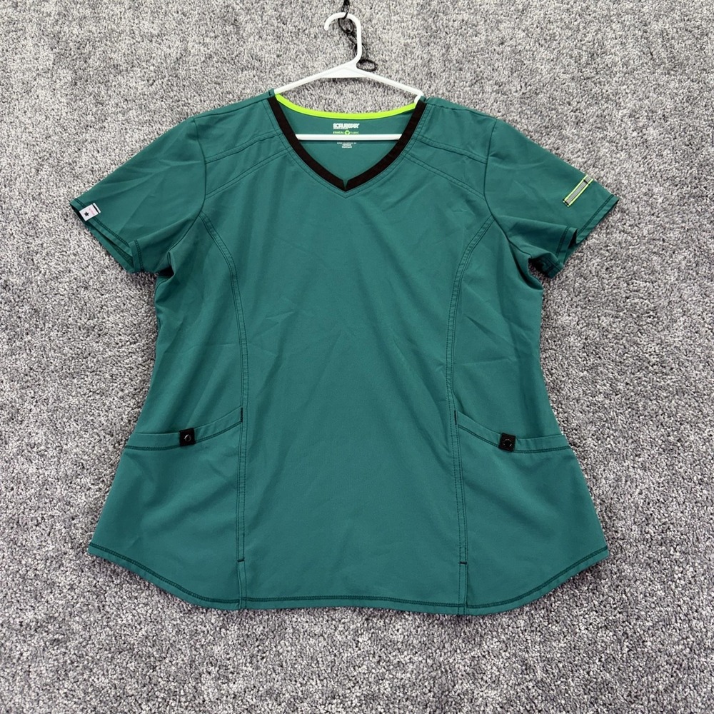 Scrubstar Shirt Womens Large Green V Neck Scrub Top Pockets Stretch Medical